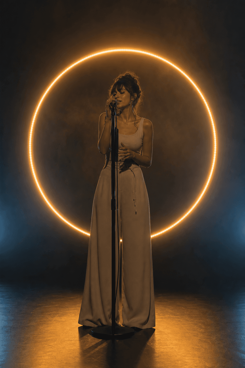 Cantora fictícia em cenário circular iluminado